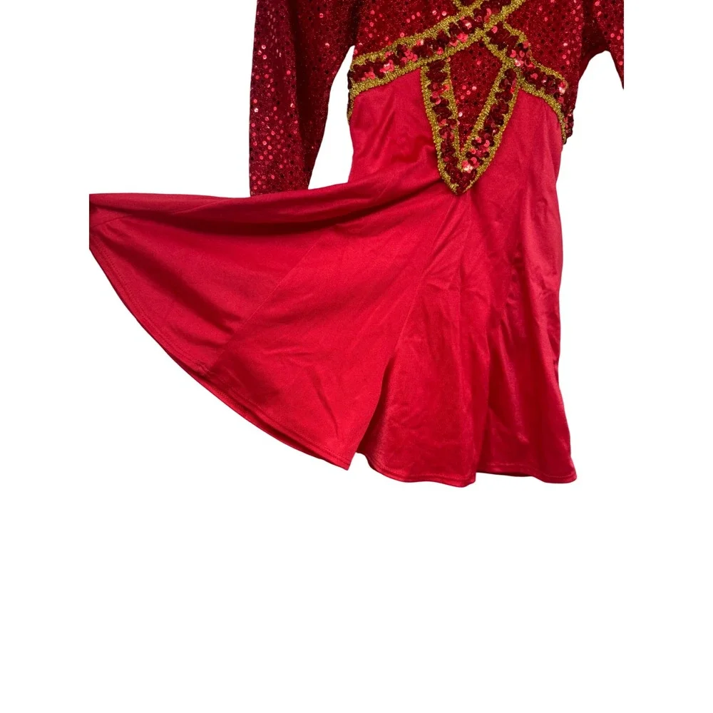 VTG Red Sequin Long Sleeve Dance Costume Dress Gold Trim Girls Medium